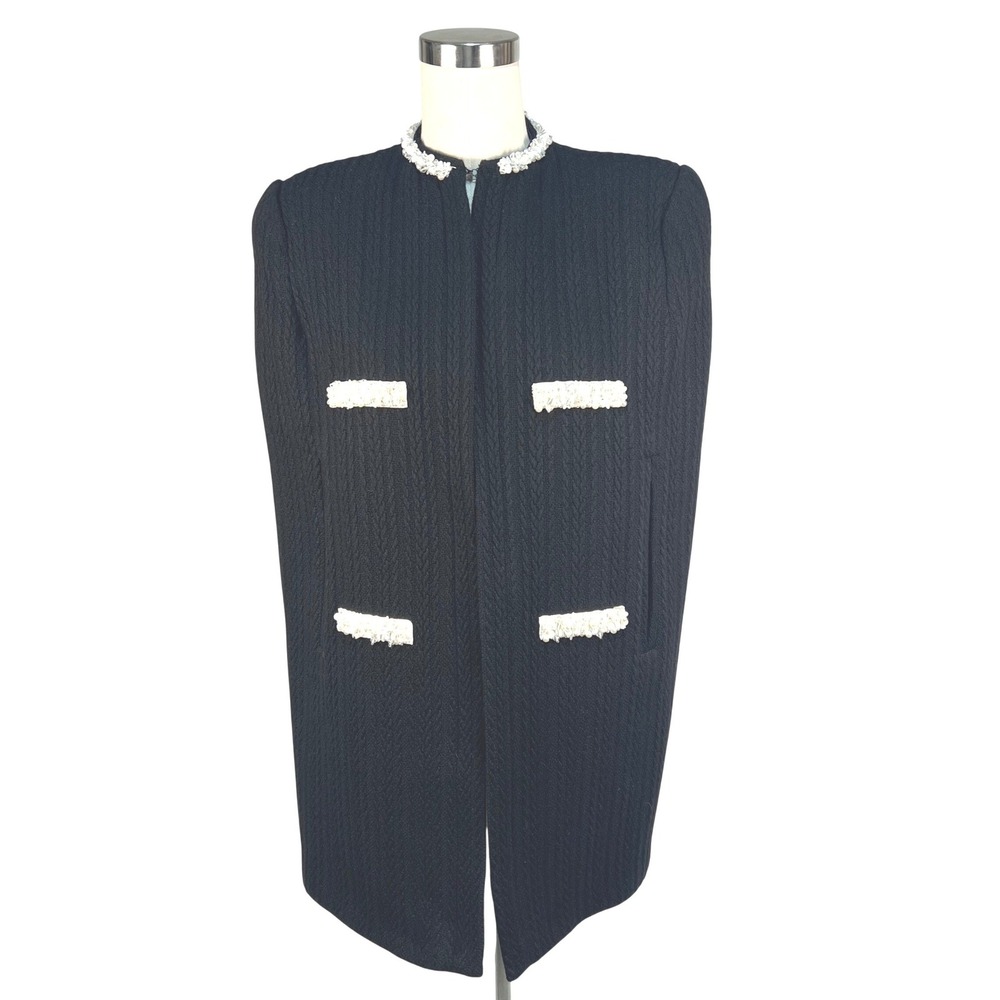 Cape Coat Women Med 8-10 Black Embellished Pearl Sequin Wool Knit Lined Elegant